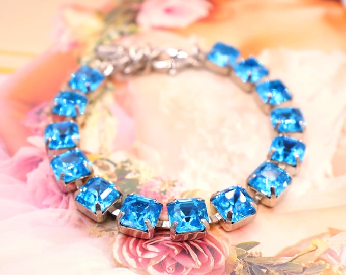 Capri blue Aspen Cut Austrian Crystal Bracelet - Gold Plated Bridal Jewelry