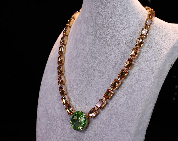 Bridal Jewelry with Champagne Gold and Apple Green Crystals | Georgian Style Necklace Featuring Austrian Crystal Cutting Technology