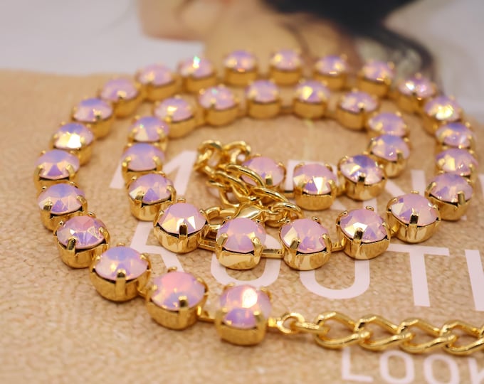 Pink protein iridescence Crystal Tennis Necklace: Anna Wintour style Pink protein iridescence Ombre Rainbow Boho Bridal Jewelry