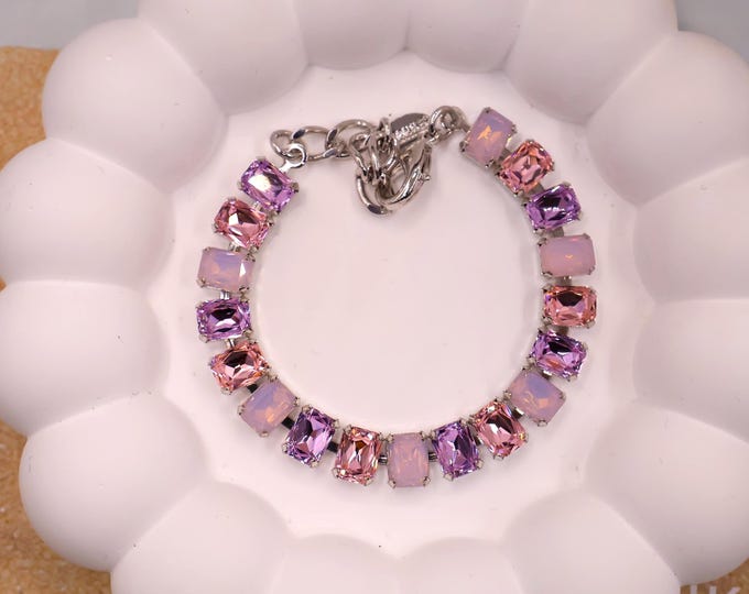 Rose pink, violet, rose water opal mixed color Austrian Crystal Bracelet - Silver Bridal Jewelry