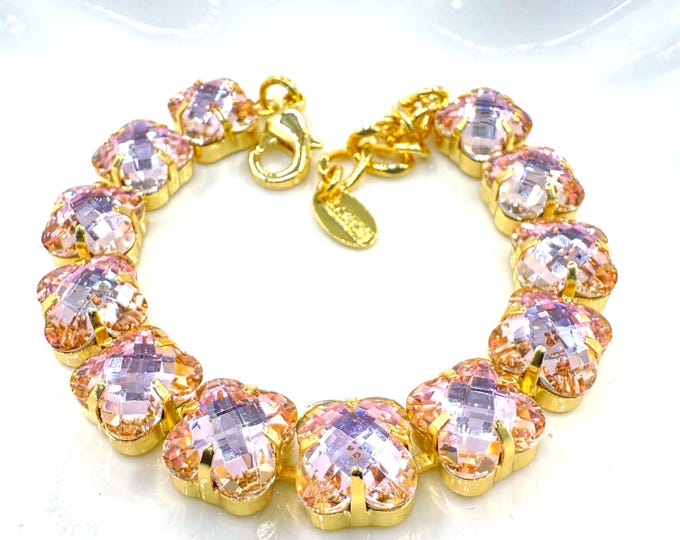 Four-leaf Rose Pink Austrian Crystal Bracelet - Silver Bridal Jewelry