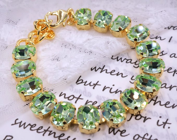 Noble olive green Swarovski Crystal Bracelet: Oval Pink, Adjustable Bridal Jewelry