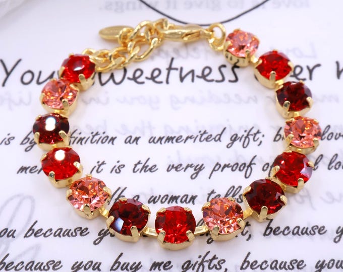 Red colorful aurora Austrian Crystal Bracelet: Gold Plated Bridal Jewelry