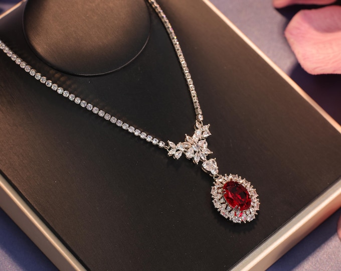 Austrian Crystal Ruby Bridal Jewelry Necklace | Lucky Color Statement Necklace, Wedding Jewelry & Gift for Mothers in white Gold
