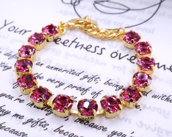 Fuchsia Austrian Crystal Bracelet, Gold Plated Adjustable Bridal Jewelry