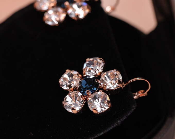 Romantic Flower Design Pearl Drop Earrings Featuring Dark Blue & Transparent White Austrian Crystals – Exquisite Bridal Jewelry for Weddings
