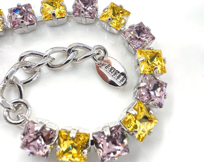 Austrian Crystal Bracelet: Maillard purple ,Golden crystal mixed color, cherry blossom pink，Adjustable Bridal Jewelry