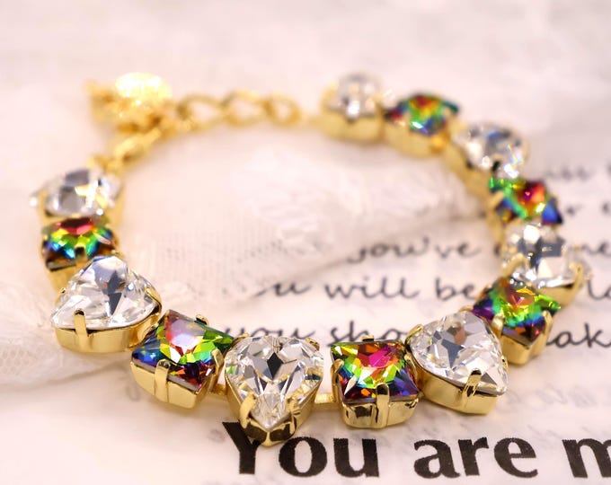 Black Aurora Swarovski Crystal Bracelet: Combination of heart and square crystal,Adjustable Bridal Jewelry