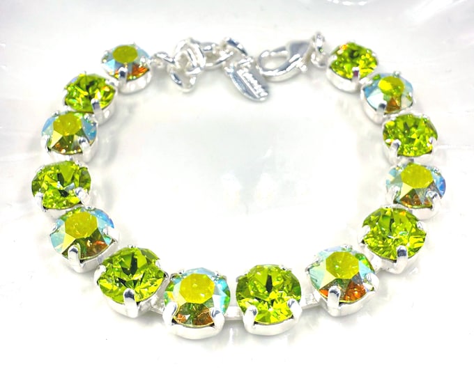 Olive Green Crystal Bracelet: Austrian Crystal Bridal Jewelry, Adjustable