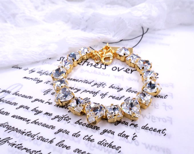 White Swarovski Crystal Bracelet: Combination of heart and square crystal,Adjustable Bridal Jewelry