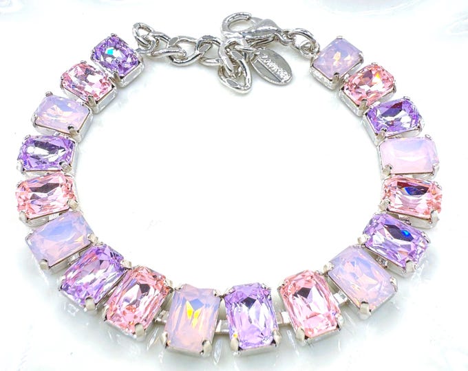 Rose pink, violet, rose water opal mixed color Austrian Crystal Bracelet - Silver Bridal Jewelry