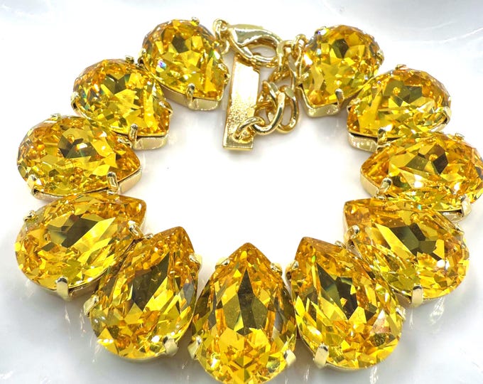 Sunflower Golden Teardrop Austrian Crystal Bracelet - 18k Gold Bridal Jewelry