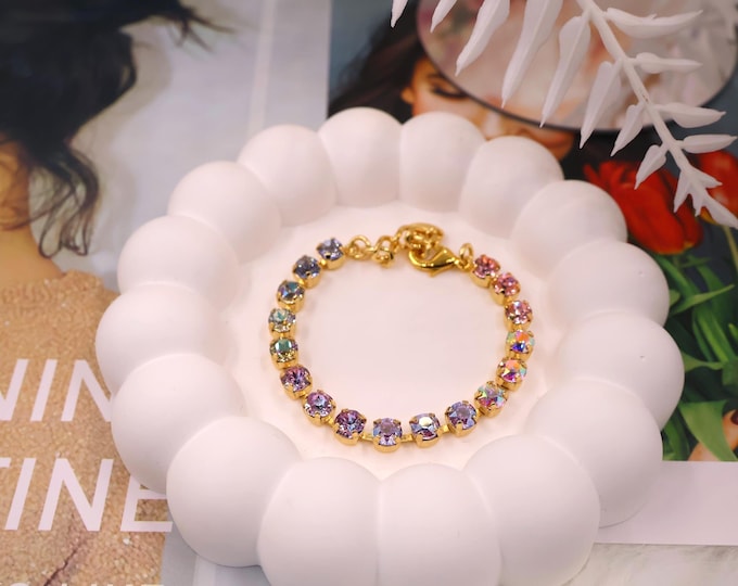 Austrian Crystal Bracelet:Violet, Aurora Colorful color mixing, Adjustable Bridal Jewelry