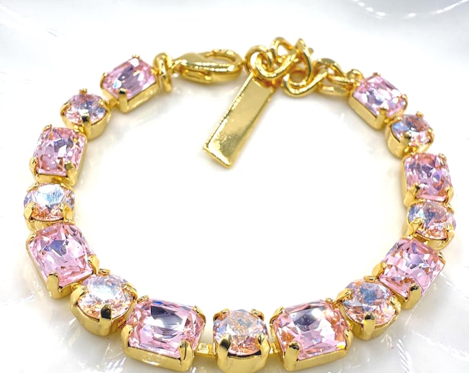 Austrian Crystal Bracelet:cherry blossom pink Colorful color mixing,18k gold Adjustable Bridal Jewelry