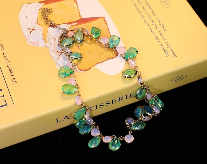 10x14 Oval Green Opal Gemstone and 8mm Round Pink Opal Gemstone Crystal Necklace