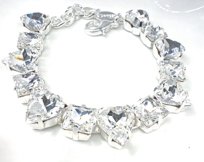 White Swarovski Crystal Bracelet: Combination of heart and square crystal,Adjustable Bridal Jewelry