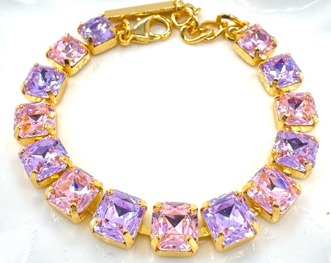 Violet rose pink mixed color Cut Austrian Crystal Bracelet - 18k Gold Bridal Jewelry