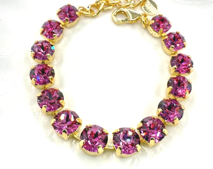 Fuchsia Austrian Crystal Bracelet, Gold Plated Adjustable Bridal Jewelry