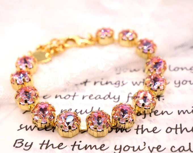 10mm Lavender Pink Octagonal Rose Quartz Austrian Crystal Bracelet - Gold Plated Bridal Jewelry