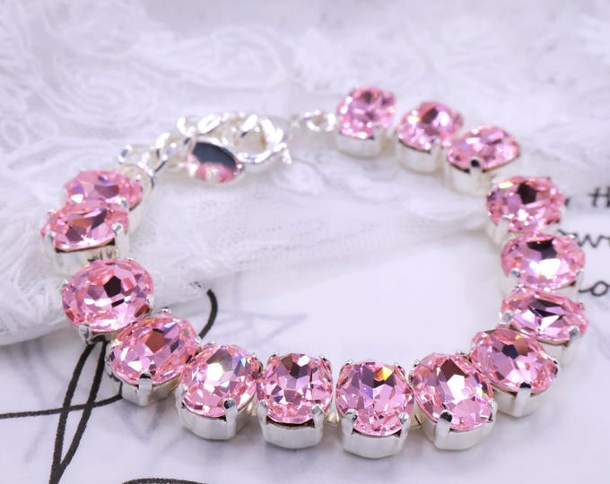 Rose Pink Swarovski Crystal Bracelet: Oval Pink, Adjustable Bridal Jewelry