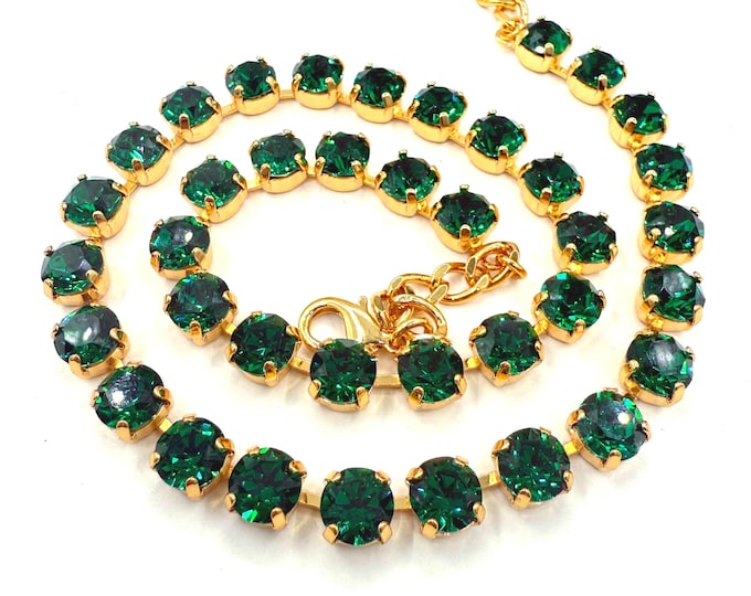 Emerald Gold Crystal Tennis Necklace: Austrian Cut Bridal Jewelry