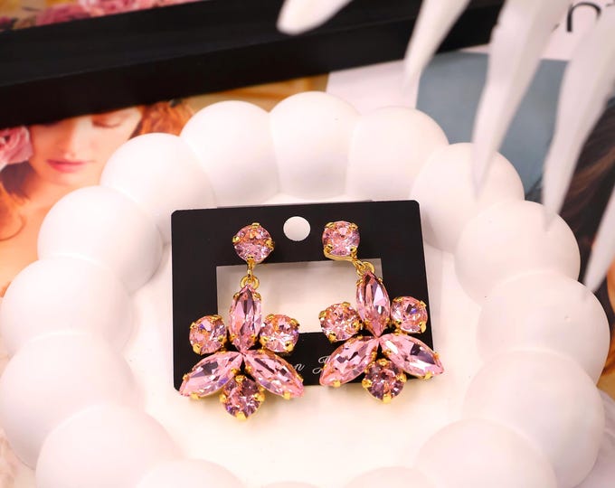 Austrian Rose Pink crystal Chandelier Earrings: Boho Wedding Jewelry