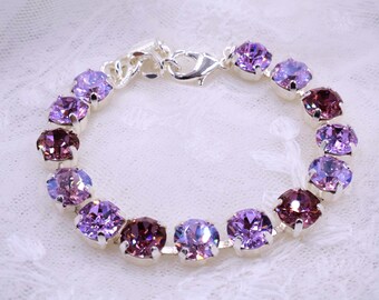 Bracelet en cristal autrichien violet : bijoux de demoiselle d'honneur réglables