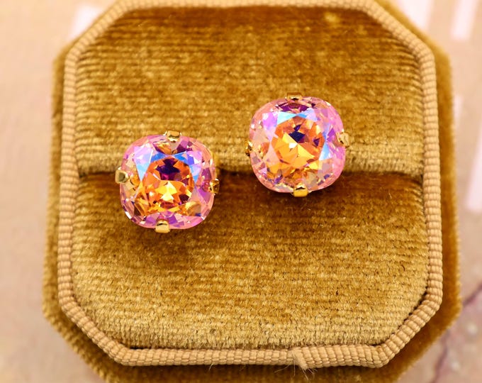 Cherry Blossom Austrian Crystal Earrings: Square Cushion, Bridal Jewelry