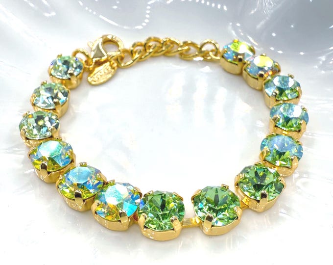 Olive Green Austrian Crystal Bracelet, Gold Plated Bridal Jewelry