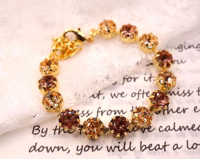 10mm Walnut and burgundy Octagonal Rose Quartz Austrian Crystal Bracelet - Gold Plated Bridal Jewelry