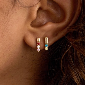 Puede incluir: Primer plano de una oreja con dos pendientes dorados pequeños. Cada pendiente tiene un diseño de barra vertical con piedras preciosas de colores. Uno tiene piedras rojas, rosas y blancas, el otro piedras azules y turquesas.