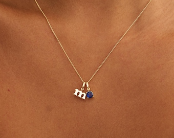 Custom Initial Necklace with Round Birthstone, Personalized Letter Necklace, Birthstone Jewellery, Gold Initial Necklace, Mother's Day Gift