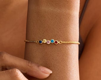 Round Birthstone Bracelet in Box Chain • Custom Gemstone Bracelet • Birthstone Jewelry • Birthday Gift • Gift for Mom • Christmas Gift