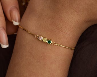 Custom Round Birthstone Bracelet, 14K Gold Birthstone Bracelet, Personalized Diamond Bracelet, Mother's Day Gift for Mom, Wedding Jewelry
