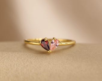 Personalized Heart Birthstone Ring, 2 Birthstone Ring, Mother's Ring, Dainty Stacking Jewelry Meaningful Gift for Her, Birthday Gift