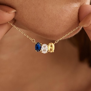 Customized Oval Birthstone Necklace, 18K Gold Diamond Necklace, Anniversary Family Gift for Mom, Gift for Grandma, Mother's Day Gift for Her