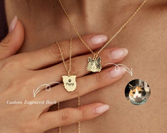 Custom Pet Portrait Necklace, Pet Name Necklace, Pet Memorial, Dog & Cat Necklace, Engraved Name Jewelry, Women Necklace, Gift for Her