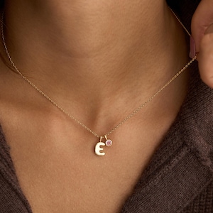 Zierliche Initial Halskette mit Geburtsstein, Benutzerdefinierte Blase Buchstabe Halskette, Geburtsstein Schmuck, Goldkette, Geburtstagsgeschenk, Mutter Geschenk