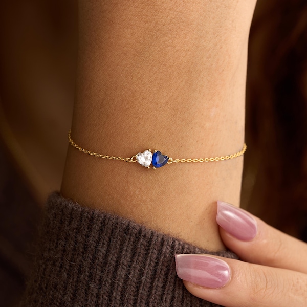 Custom Heart Charm Birthstone Bracelet, 2 Birthstones Bracelet, Family Bracelet, Womens Bracelet, Personalised Gift for Her, Gift for Mother