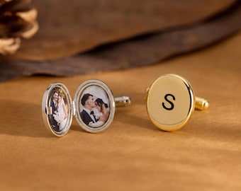 Custom Photo Locket Men Cufflinks, Engraved Letter Cufflinks, Wedding Groomsmen Gift, Grooms Jewelry, Couple Gift for Him, Gift for Dad
