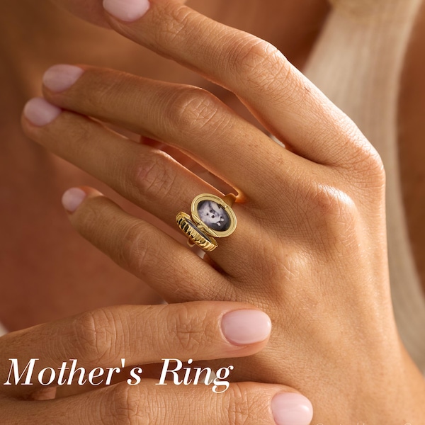 Anillo familiar con piedra de nacimiento personalizada, anillo ovalado con foto, joyería conmemorativa, joyería con piedra de nacimiento, regalo familiar, regalo para el Día de la Madre.