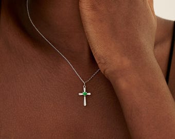 Custom Birthstone Cross Necklace, Minimalist Cross Pendent Necklace, Family Necklace, Memorial Gifts, Wedding Gift, Birthday Gift for Her