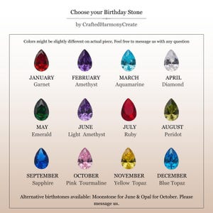 K&ouml;nnte beinhalten: Eine Geburtsstein-Tabelle mit dem Titel Choose your Birthday Stone von CraftedHarmonyCreate, die zw&ouml;lf birnenf&ouml;rmige Edelsteine in verschiedenen Farben zeigt, beschriftet mit Monat und Steinname, darunter Granat, Amethyst, Aquamarin und Diamant.