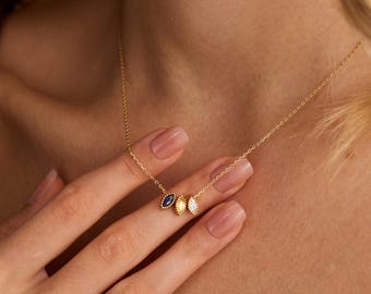 Custom Leaf Birthstone Necklace, 18K Gold Birthstone Pendant Necklace, Wedding Necklace, Anniversary Jewelry, Gift for Her, Mother's Gift