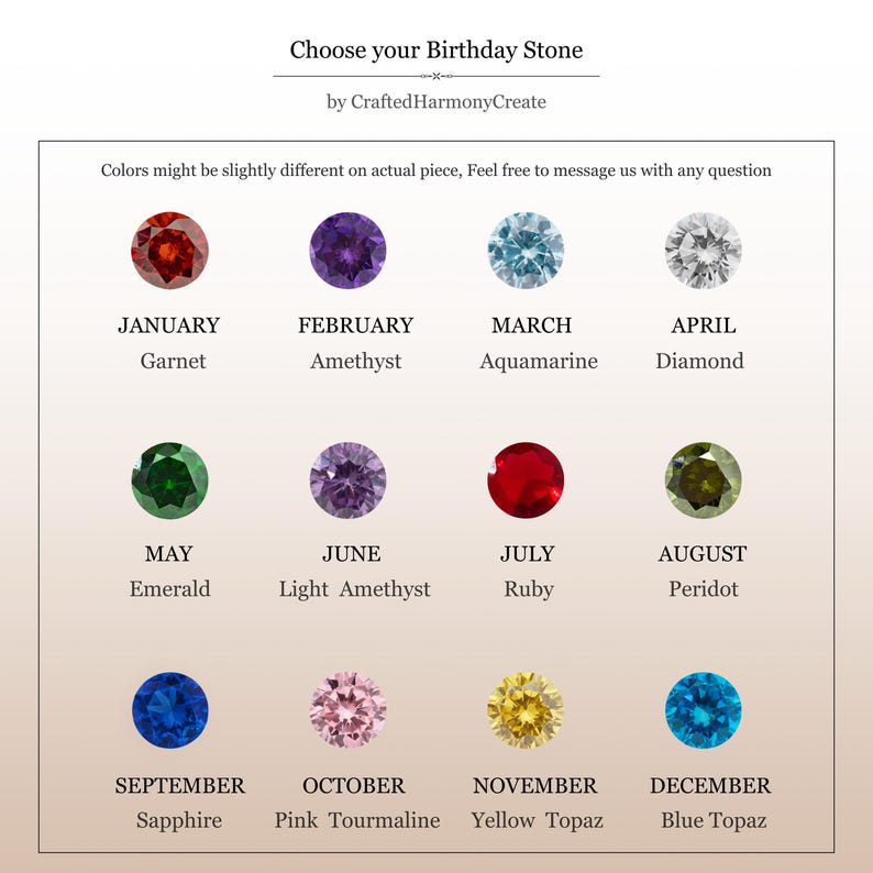May include: A chart displaying birthstones for each month, with the month and stone name below each gemstone. The gemstones are in various colors, including red, purple, blue, green, and yellow. Text at the top reads "Choose your Birthday Stone."
