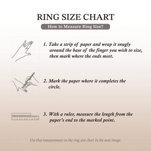 K&ouml;nnte beinhalten: Eine Ringgr&ouml;&szlig;entabelle mit Anweisungen zum Messen der Ringgr&ouml;&szlig;e. Der Text lautet: RING SIZE CHART, How to Measure Ring Size?, 1. Nehmen Sie einen Papierstreifen, 2. Markieren Sie das Papier, 3. Messen Sie die L&auml;nge mit einem Lineal.