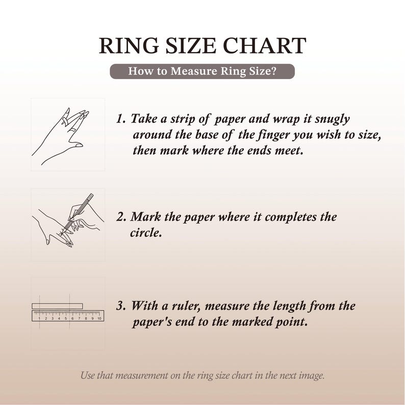 K&ouml;nnte beinhalten: Eine Ringgr&ouml;&szlig;entabelle mit Anweisungen zum Messen der Ringgr&ouml;&szlig;e. Der Text lautet: RING SIZE CHART, How to Measure Ring Size?, 1. Nehmen Sie einen Papierstreifen, 2. Markieren Sie das Papier, 3. Messen Sie die L&auml;nge mit einem Lineal.