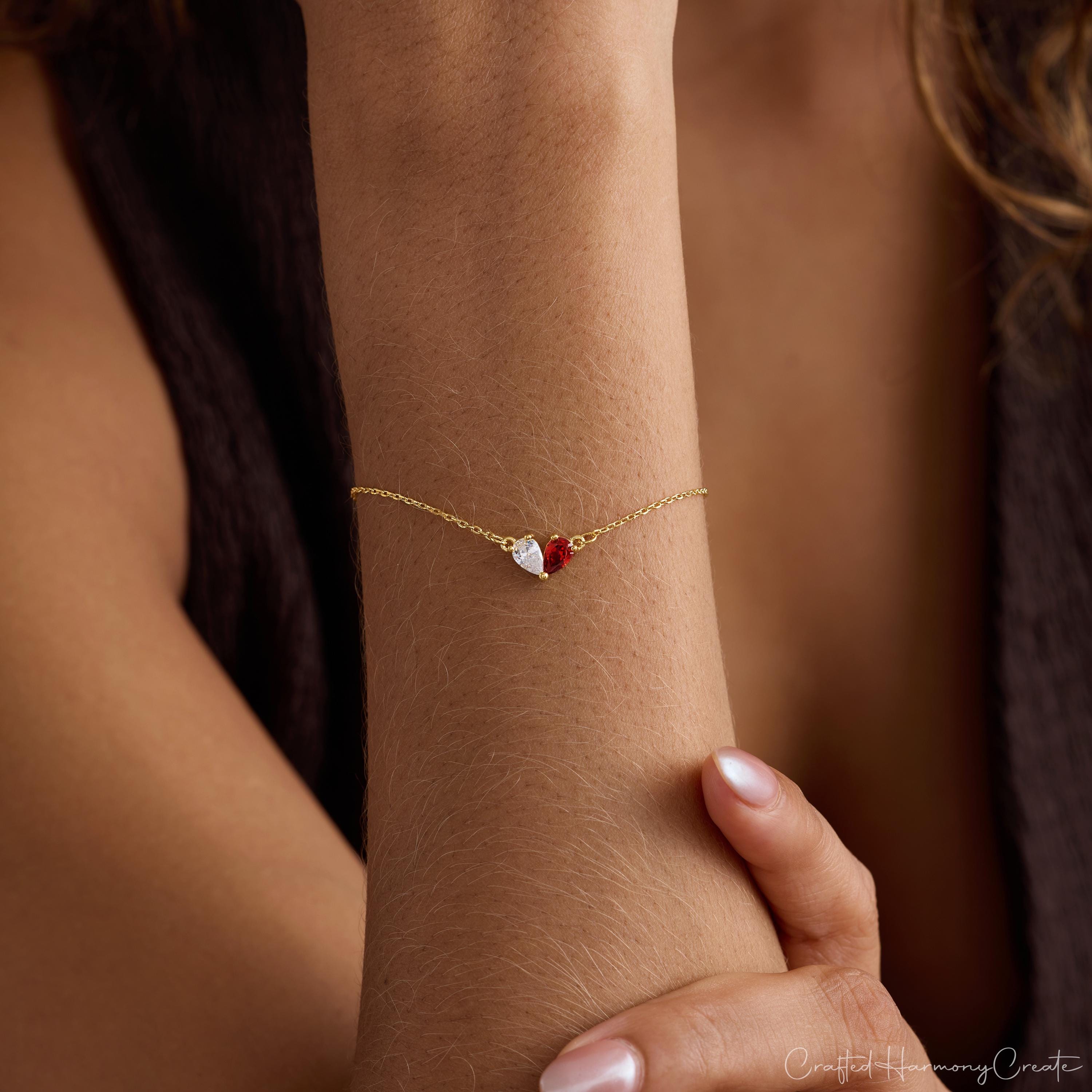 Bracelet de pierres de naissance coeur personnalisé, 2 bracelets de pierres de naissance, bracelet mère et fille, cadeau de Noël pour elle, cadeau de demoiselle d'honneur, cadeau pour maman