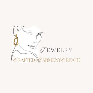 May include: A minimalist logo featuring a line drawing of a woman's face with a gold earring. The word "JEWELRY" is above the words "CRAFTED HARMONY CREATE" in a decorative font, all in gold.