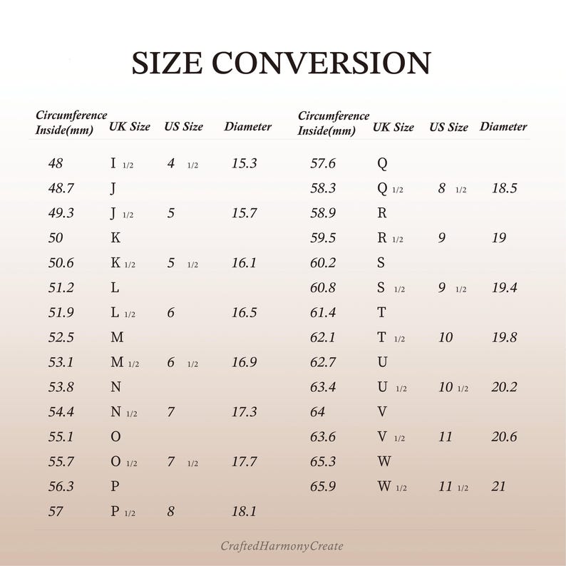 K&ouml;nnte beinhalten: Eine schwarz-wei&szlig;e Ringgr&ouml;&szlig;en-Umrechnungstabelle mit dem Titel SIZE CONVERSION. Die Tabelle enth&auml;lt Spalten f&uuml;r den Innenumfang in mm, UK-Gr&ouml;&szlig;e, US-Gr&ouml;&szlig;e und Durchmesser in mm. Der Text CraftedHarmonyCreate erscheint am unteren Rand des Bildes.